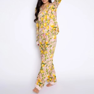 Lemon Print Button-Up Loungewear Set – Long Sleeve Top & Pants Pajama Set Lemon Print Button-Up Loungewear Set – Long Sleeve Top & Pants Pajama Set