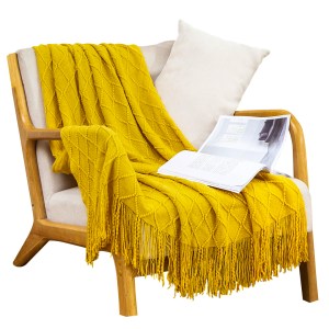 SOGA Yellow Diamond Pattern Knitted Throw Blanket