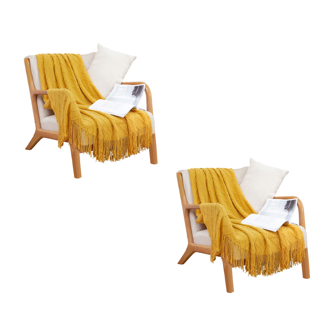 SOGA 2X Yellow Diamond Pattern Knitted Throw Blanket