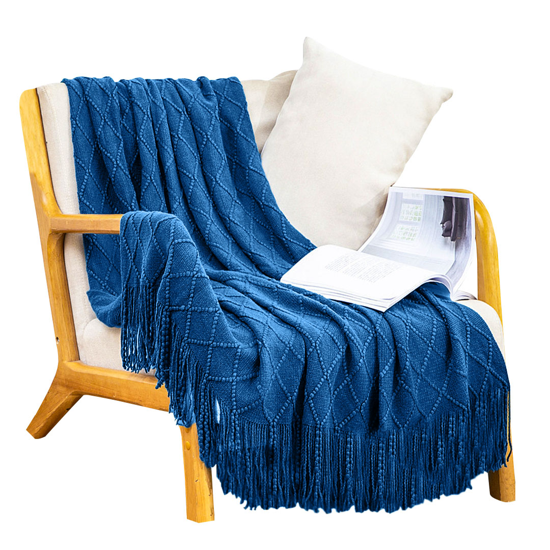 SOGA Royal Blue Diamond Pattern Knitted Throw Blanket