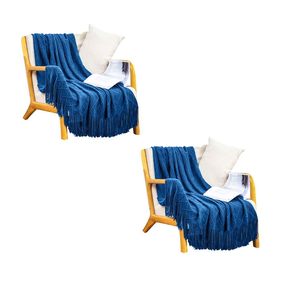 SOGA 2X Royal Blue Diamond Pattern Knitted Throw Blanket