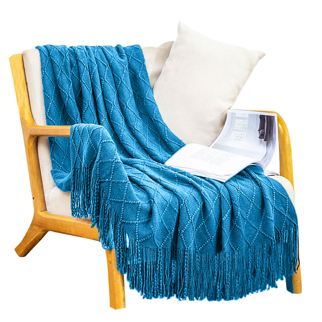 SOGA Blue Diamond Pattern Knitted Throw Blanket Warm Cozy Woven Cover Couch Bed Sofa Home Decor with Tassels SOGA Blue Diamond Pattern Knitted Throw Blanket