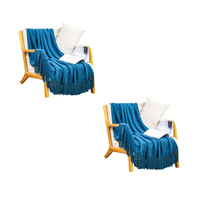 SOGA 2X Blue Diamond Pattern Knitted Throw Blanket