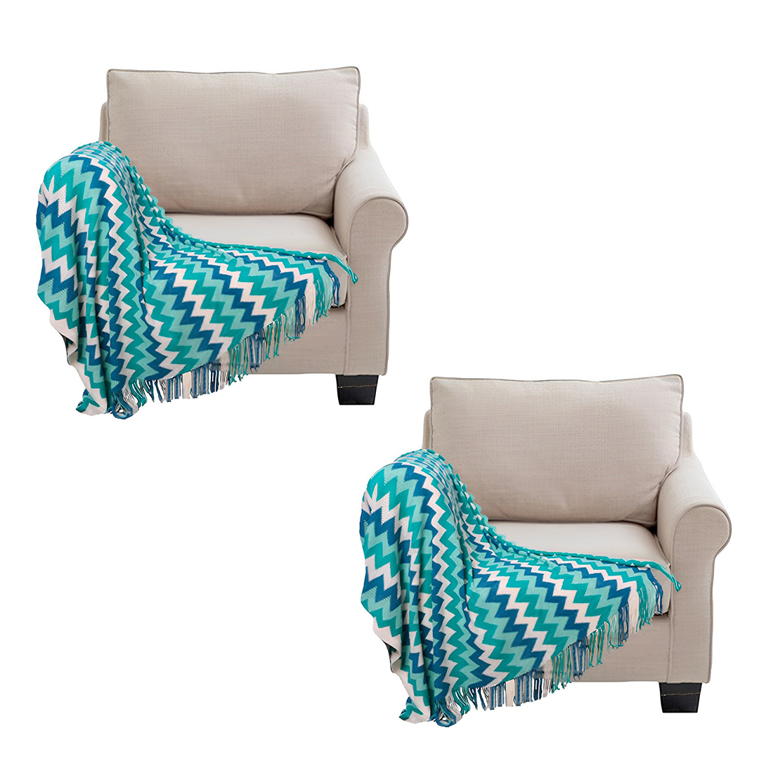 SOGA 2X 220cm Blue Zigzag Striped Throw Blanket Acrylic Wave Knitted Fringed Woven Cover Couch Bed Sofa Home Decor SOGA 2X 220cm Blue Zigzag Striped Throw Blanket