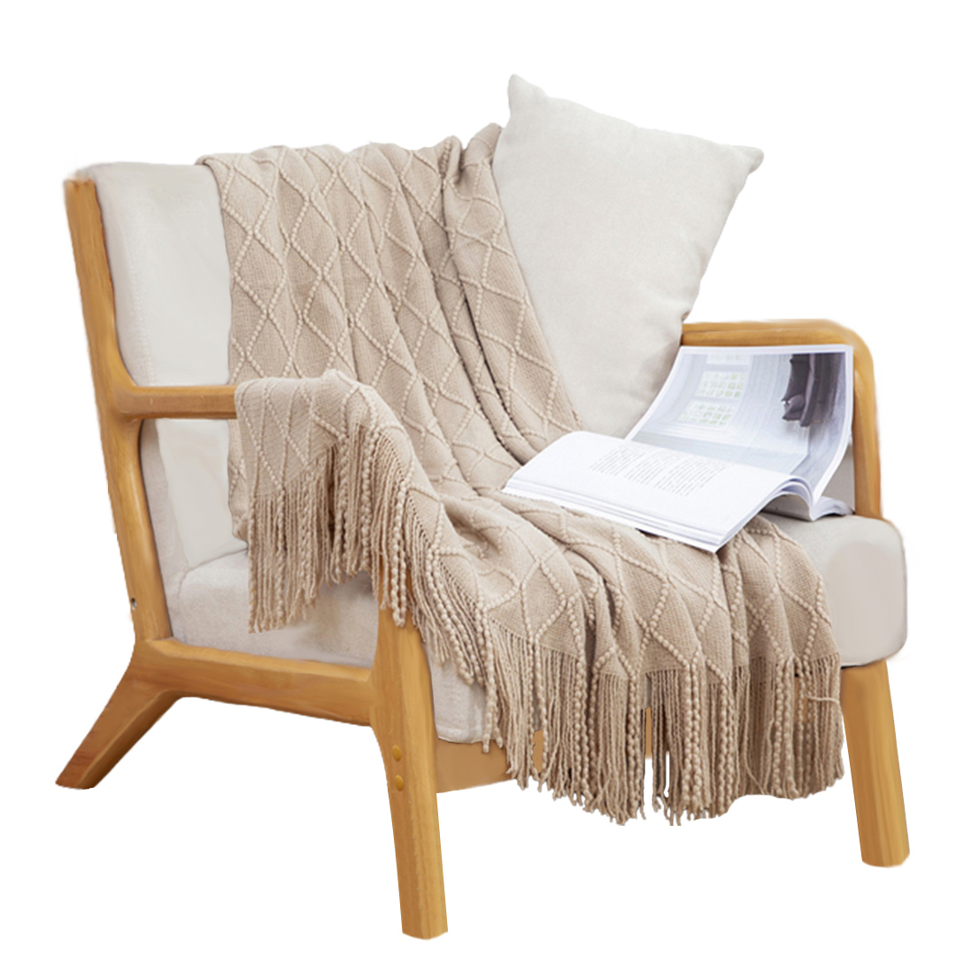 SOGA Beige Diamond Pattern Knitted Throw Blanket Warm Cozy Woven Cover Couch Bed Sofa Home Decor with Tassels SOGA Beige Diamond Pattern Knitted Throw Blanket