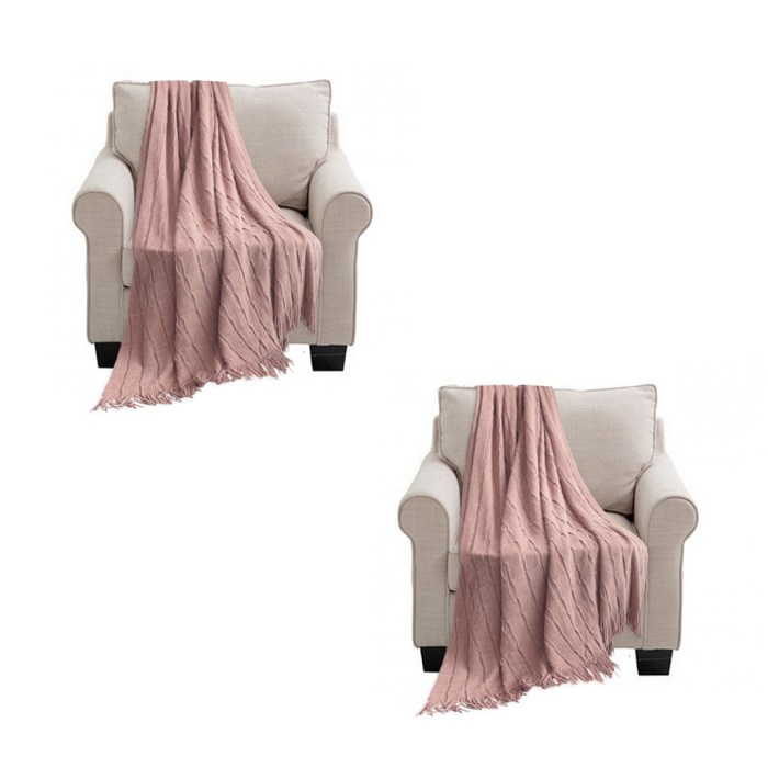 SOGA 2X Pink Textured Knitted Throw Blanket Warm Cozy Woven Cover Couch Bed Sofa Home Decor with Tassels SOGA 2X Pink Textured Knitted Throw Blanket