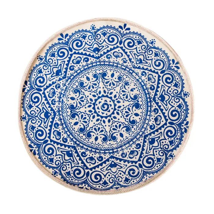 SOGA Blue Carpet Soft Linen Bohemian Non-Slip Floor Retro Minimalist Round Rug Home Decor with Tassels SOGA Blue Carpet