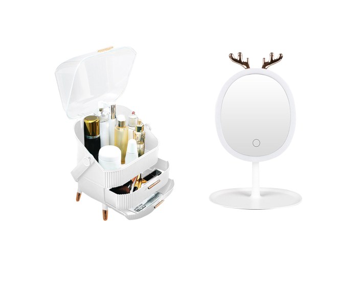 SOGA White Cosmetic Jewelry Storage Organiser with Antler LED Light Mirror Tabletop Vanity Set SOGA White Cosmetic Jewelry Organiser with Mirror Vanity Set
