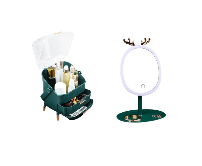 SOGA Green Cosmetic Jewelry Storage Organiser with Antler LED Light Mirror Tabletop Vanity Set SOGA Green Cosmetic Jewelry Storage Organiser