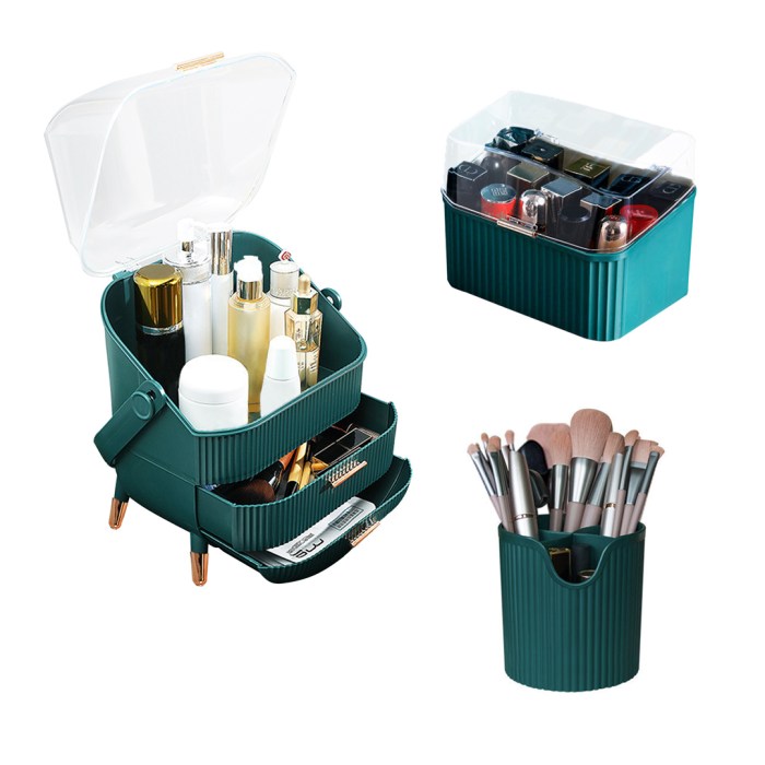SOGA Green Cosmetic Jewelry Storage Organiser Set Makeup Brush Lipstick Skincare Holder Jewelry Storage Box with Handle SOGA Green Cosmetic Jewelry Storage Organiser Set