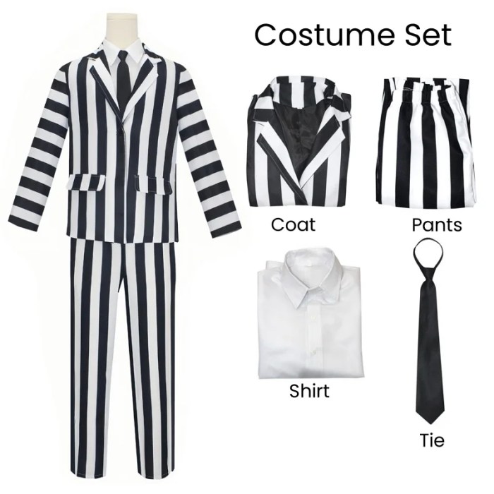 Beetle Juice Black and White Striped Halloween Costume + Wig 4