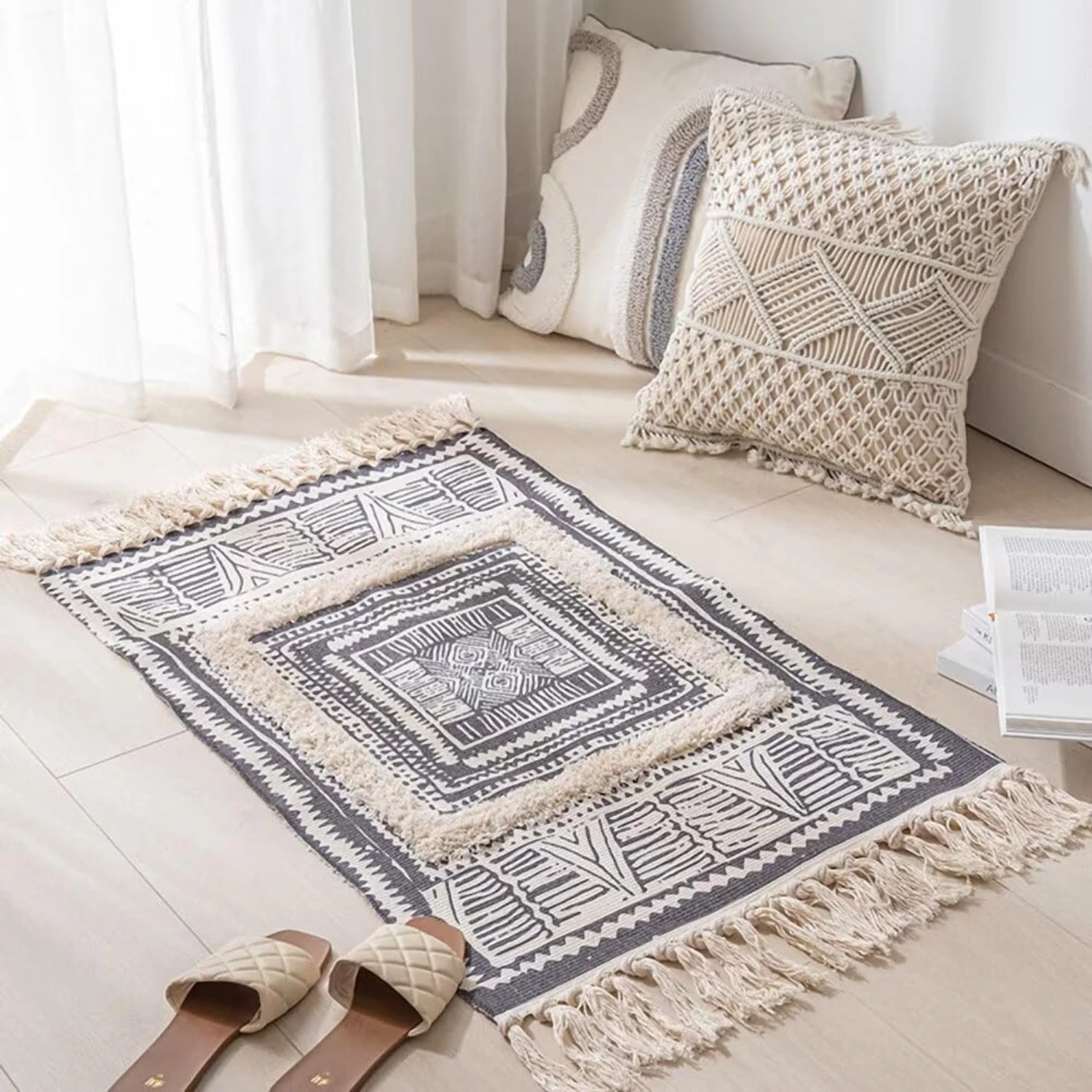 boho woven cotton rug with tassel, (90cm x 60cm)' Boho Woven Cotton Rug with Tassel, (90cm X 60cm)' 6