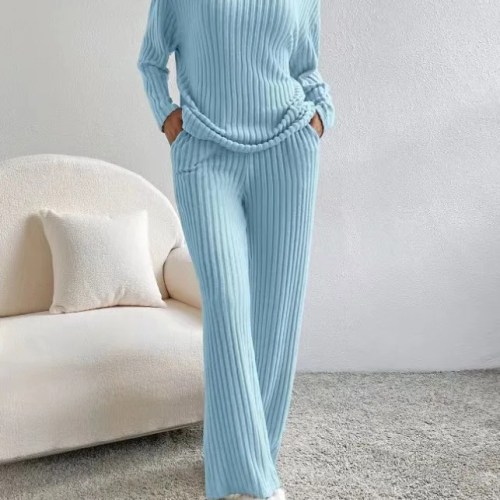 Women's Thin knit cotton Top + Stripe Pant Set