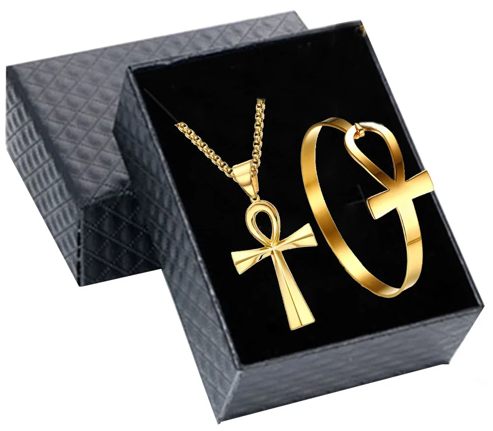 Stainless Steel Egyptian Life Pendant Necklace Bracelet Gift Set