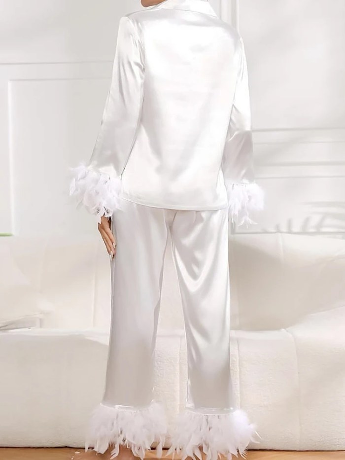 hiloca satin pyjamas with feathers trouser suits high waist sleepwear women pajama sets with pants single breasted sets briedmaid bridal set Hiloca Satin Pyjamas With Feathers - Trouser Suits High Waist Sleepwear Women Pajama Sets With Pants Single Breasted Sets Briedmaid bridal set 4