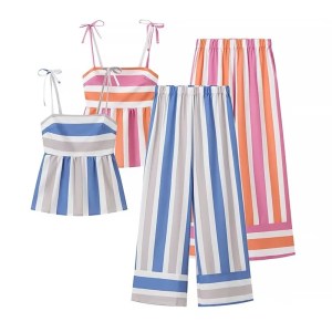Women's Summer Striped Strap Straight Pants + Tank Set 1
