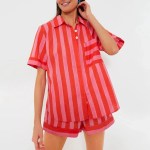 Women's Candy Stripe Short Sleeve Shirt Tops + Shorts Set 2
