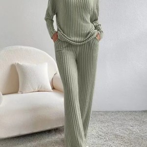 Women's Thin knit cotton Top + Stripe Pant Set 4