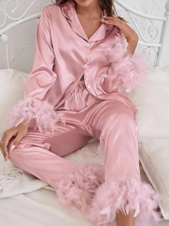 hiloca satin pyjamas with feathers trouser suits high waist sleepwear women pajama sets with pants single breasted sets briedmaid bridal set Hiloca Satin Pyjamas With Feathers - Trouser Suits High Waist Sleepwear Women Pajama Sets With Pants Single Breasted Sets Briedmaid bridal set 2