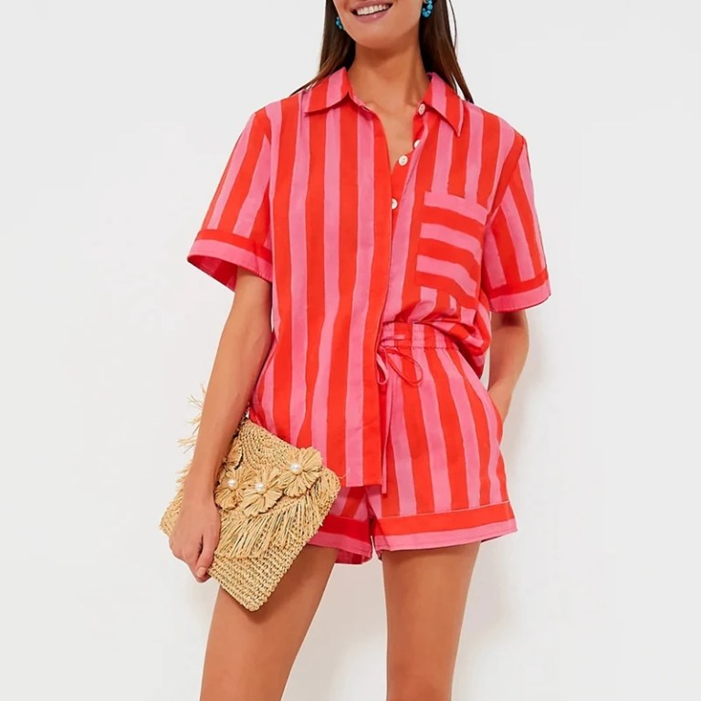 Women's Candy Stripe Short Sleeve Shirt Tops + Shorts Set 3