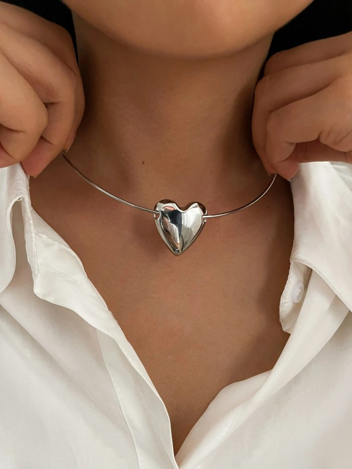 peri's stainless steel silver plated choker heart pendant necklace Peri's Stainless Steel Silver Plated Choker Heart Pendant Necklace