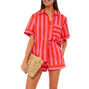 Women's Candy Stripe Short Sleeve Shirt Tops + Shorts Set 1