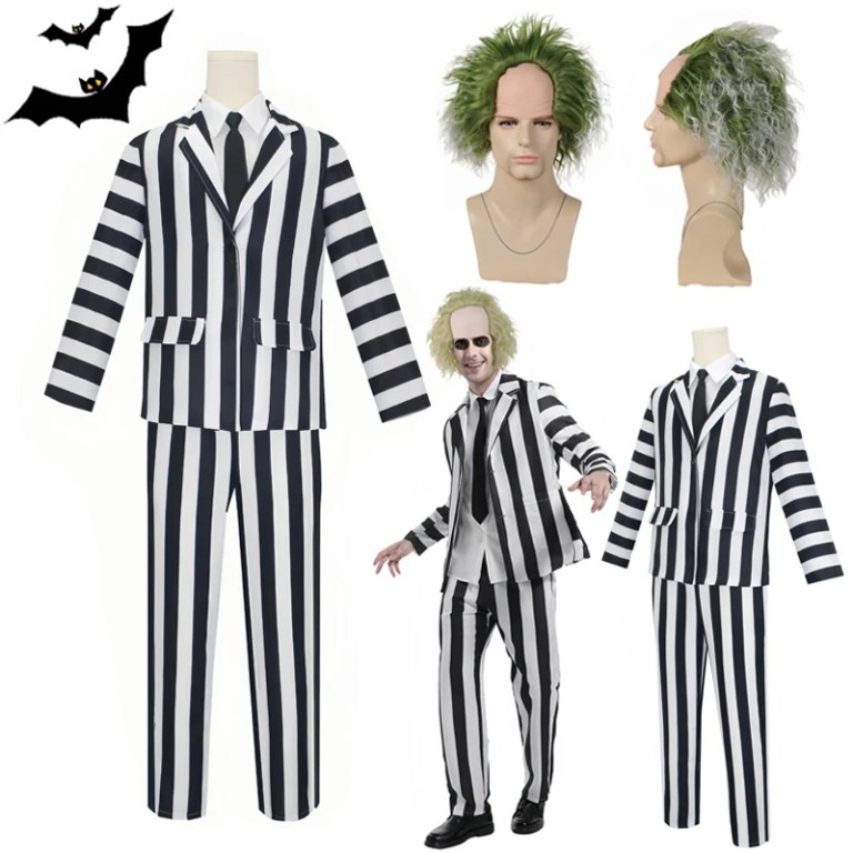 beetle juice black and white striped halloween costume + wig Beetle Juice Black and White Striped Halloween Costume + Wig 1