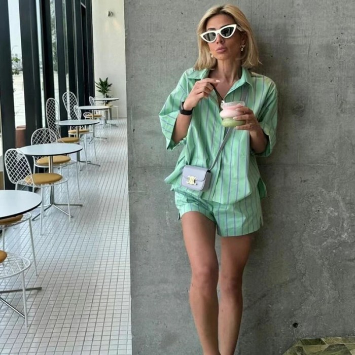 women's summer stripe 2 piece shorts + shirt set Women's Summer Stripe 2-piece Shorts + Shirt Set 1