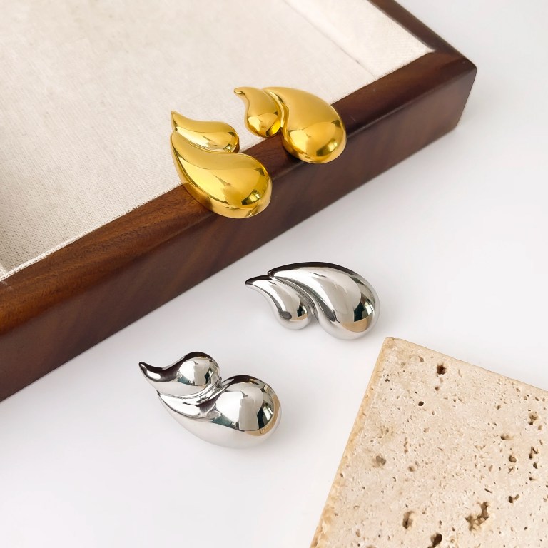 Peri's Gold Plated Double Layered Water Drop Stud Earrings 4