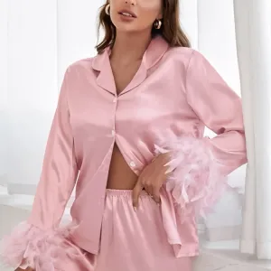 Hiloca Satin Pyjamas With Feathers - Trouser Suits High Waist Sleepwear Women Pajama Sets With Pants Single Breasted Sets Briedmaid bridal set