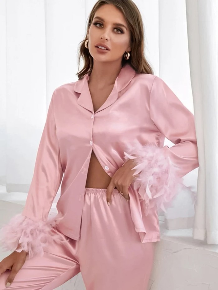 hiloca satin pyjamas with feathers trouser suits high waist sleepwear women pajama sets with pants single breasted sets briedmaid bridal set Hiloca Satin Pyjamas With Feathers - Trouser Suits High Waist Sleepwear Women Pajama Sets With Pants Single Breasted Sets Briedmaid bridal set