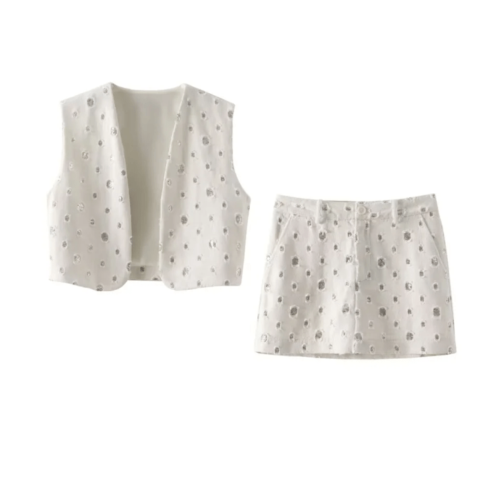 PB New Women's Beaded Decora Open Vest + Mini Skirt Set in white 1