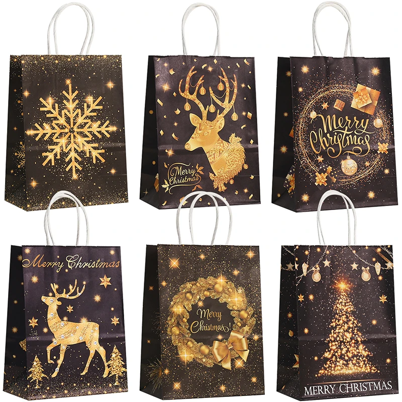 12/24pcs Gold Black Elk Snowflake Merry Christmas Gift Bags in Gold & Black