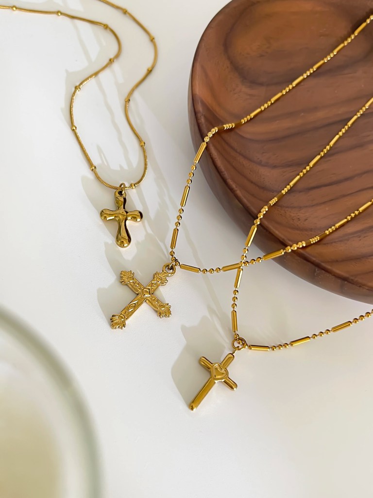 Peri's 3 Design Gold Plated Cross Pendant Necklace 4