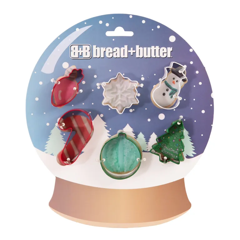 Bread and Butter Cookie Cutter – Globe, Flake, SnowMan, Cane, Sock, Tree – 6 Pk