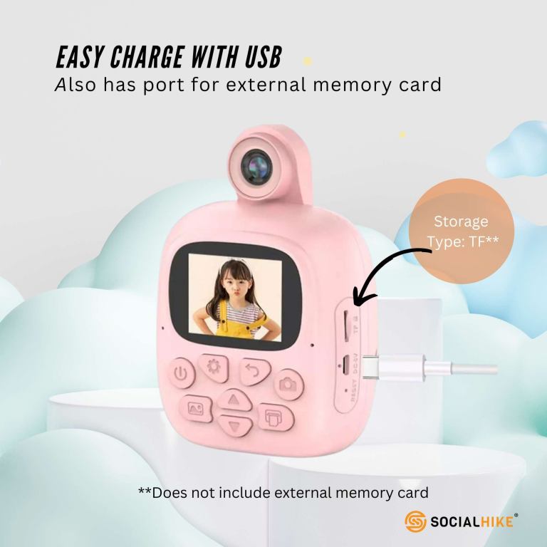 Kids Rechargeable Instant Print Camera Pink – Digital Thermal Photo Video MP3