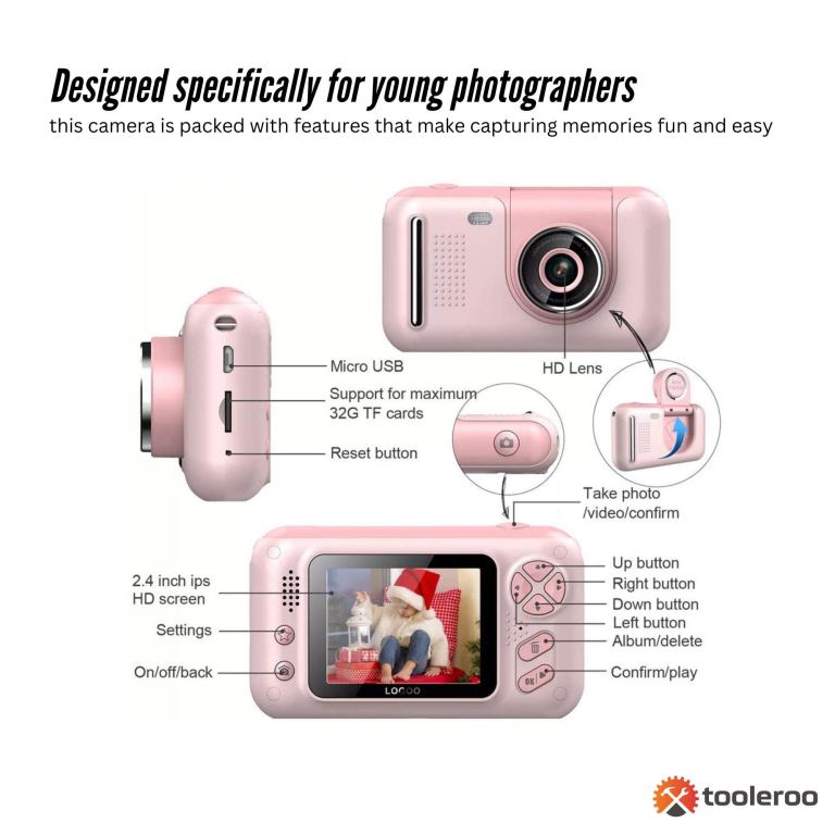 Kids HD Digital Camera Pink – Children’s Selfie Photo Video 2.4 Inch Screen