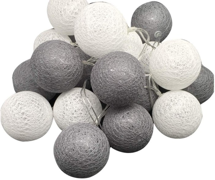 1 Set of 20 LED Grey White 5cm Cotton Ball Battery Powered String Lights