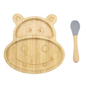 Bamboo Kids Children Baby Plate Bowl & Silicon Suction Cap Base & Spoon – Hippo