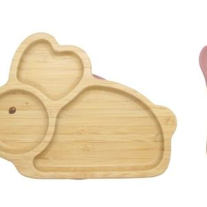 Bamboo Kids Children Baby Plate Bowl & Silicon Suction Cap Base & Spoon – Rabbit