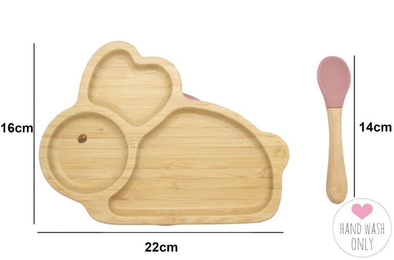 Bamboo Kids Children Baby Plate Bowl & Silicon Suction Cap Base & Spoon – Rabbit