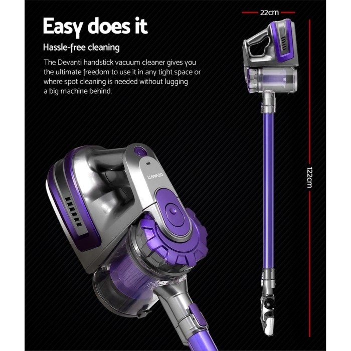 Devanti Stick Vacuum Cleaner Bagless Cordless 150W Purple Devanti Stick Vacuum Cleaner Bagless Cordless 150W Purple