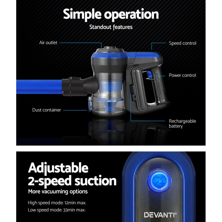 Devanti Stick Vacuum Cleaner Brushless Cordless 250W Blue Devanti Stick Vacuum Cleaner Brushless Cordless 250W Blue