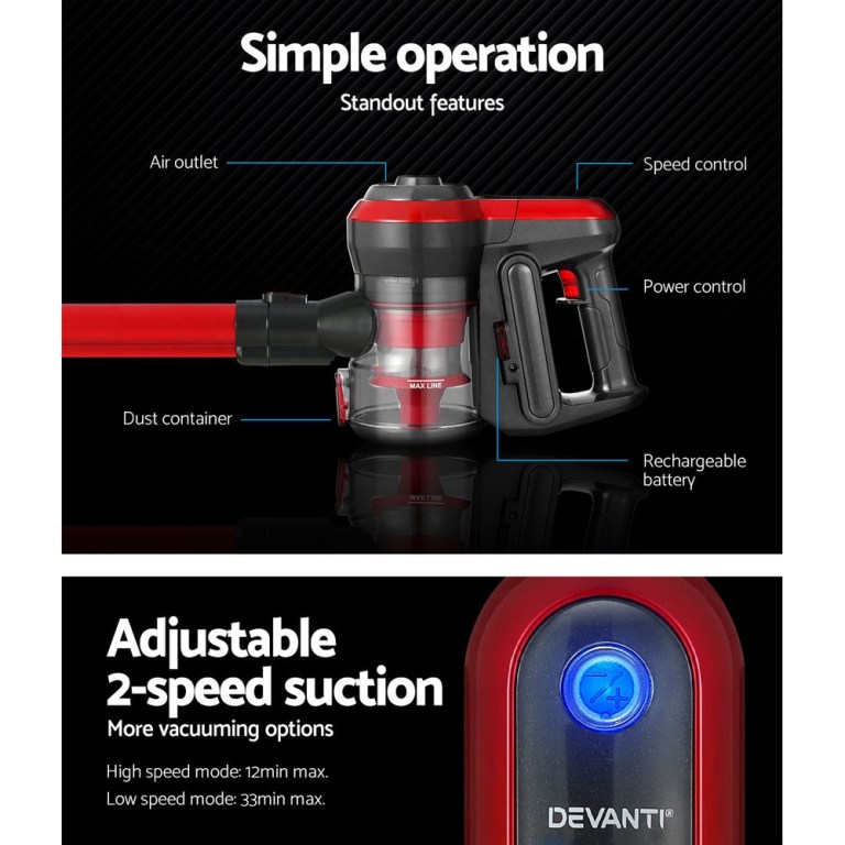 Devanti Stick Vacuum Cleaner Brushless Cordless 250W Red Devanti Stick Vacuum Cleaner Brushless Cordless 250W Red