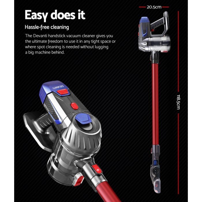 Devanti Stick Vacuum Cleaner Bagless Cordless Red 150W Devanti Stick Vacuum Cleaner Bagless Cordless Red 150W