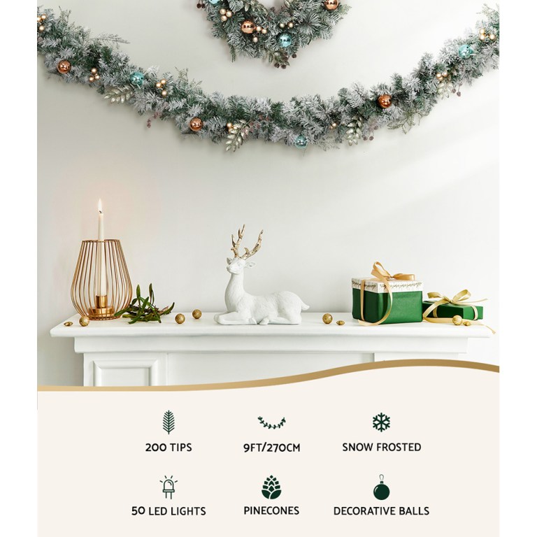 Jingle Jollys 2.7m Christmas Garland with LED Lights Snowy Decoration Xmas Party Jingle Jollys 2.7m Christmas Garland with LED Lights Snowy Decoration Xmas Party