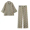 Zach Women's Fashion Versatile Printed Long Sleeve Collar Shirt with Loose High Waist Pants Casual Set 1