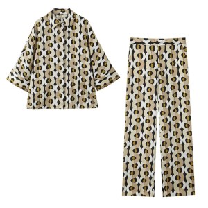 Zach Women's Fashion Versatile Printed Long Sleeve Collar Shirt with Loose High Waist Pants Casual Set 1