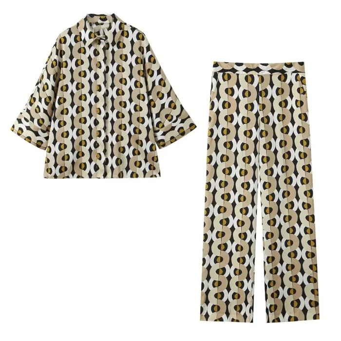 Zach Women's Fashion Versatile Printed Long Sleeve Collar Shirt with Loose High Waist Pants Casual Set 1