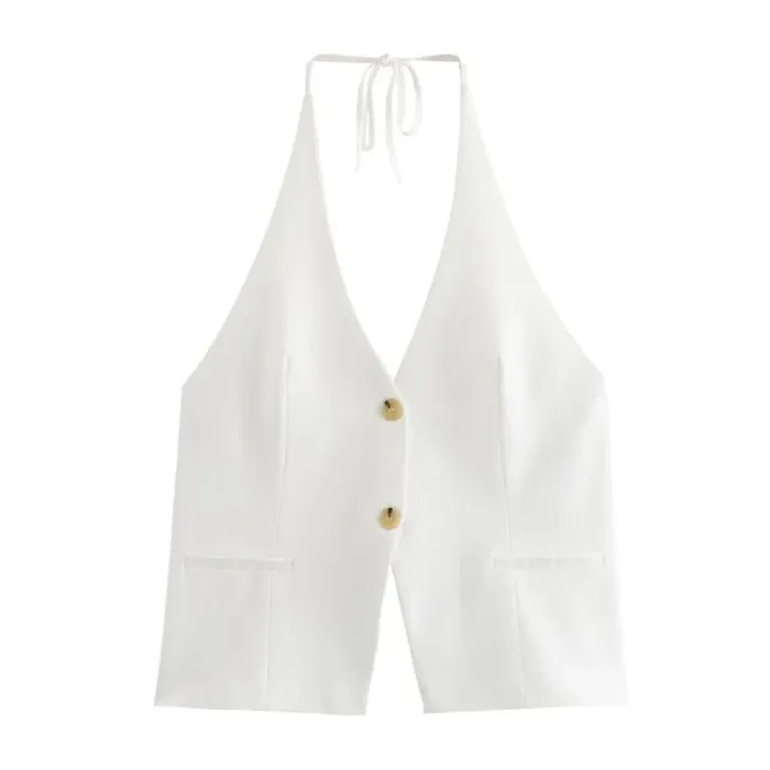 Zach Women's V-Neck Sleeveless Top with Bow Decoration & Halter Collar